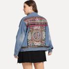 Shein Plus Tribal Embroidered Bleach Wash Denim Jacket