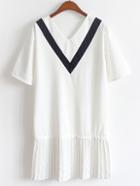 Shein Color Panel V-neck Pleated Chiffon Trimmed Dress - White