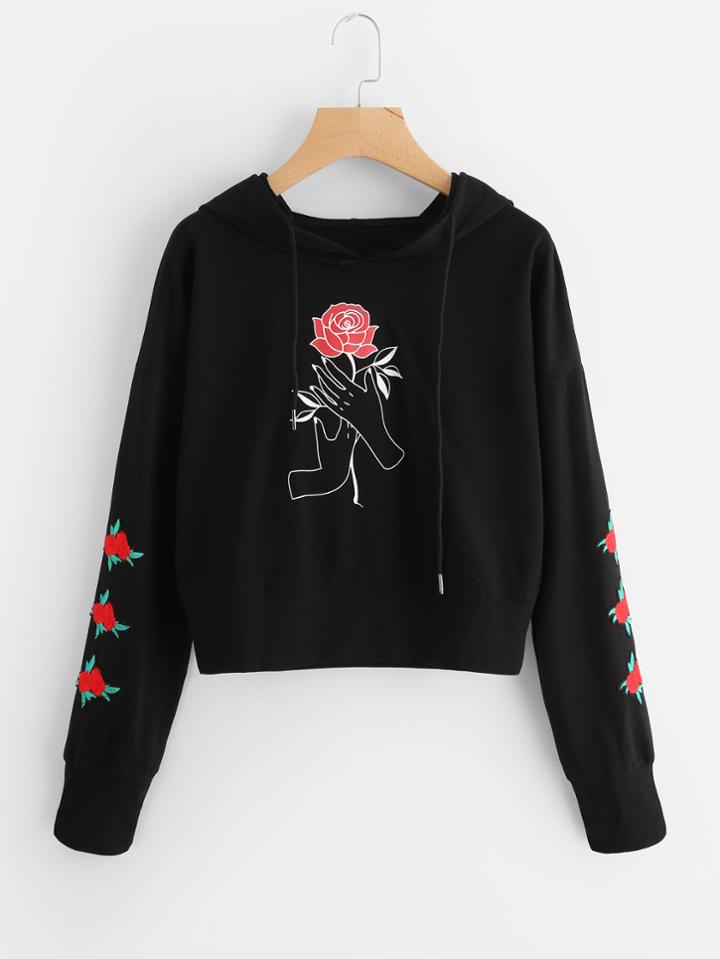 Shein Drop Shoulder Embroidered Printed Hoodie