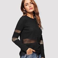 Shein Mesh Insert Rib-knit Pullover
