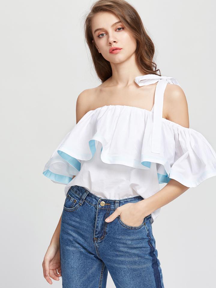Shein White One Strap Cold Shoulder Ruffle Top