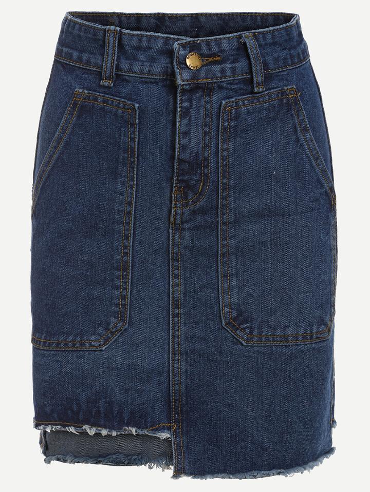 Shein Pocket Front Asymmetric Denim Pencil Skirt - Blue