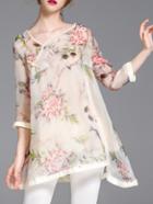 Shein Beige V Neck Floral Shift Dress