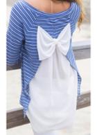 Rosewe Stripe Print Long Sleeve Bowknot Decorated T Shirt