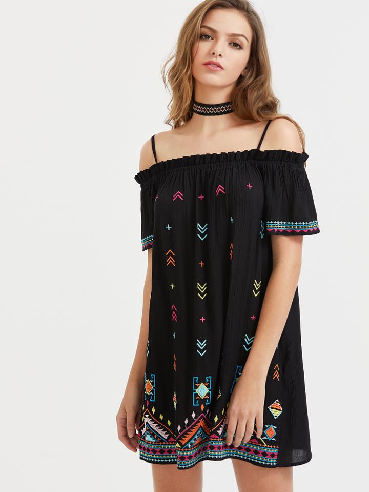 Shein Cold Shoulder Embroidered Dress