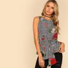 Shein Self Belted Floral And Plaid Shell Top