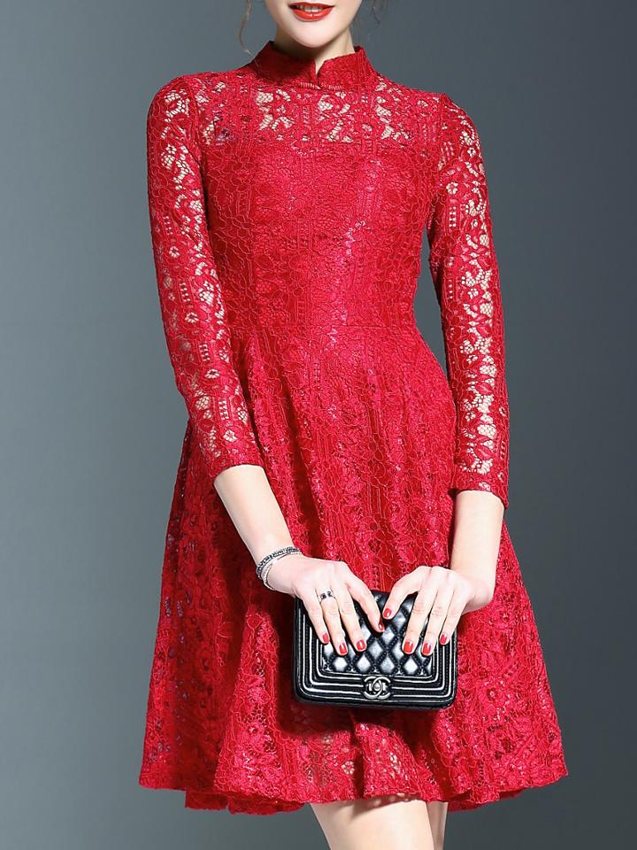 Shein Red Three Quarter Sleeve A-line Lace Dress