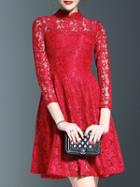 Shein Red Three Quarter Sleeve A-line Lace Dress