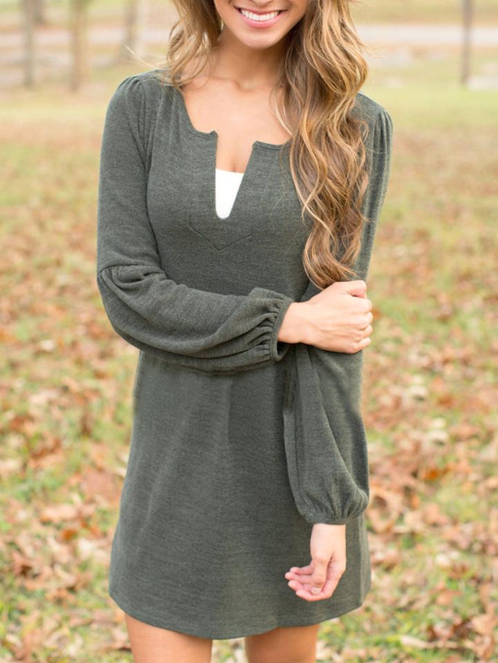 Shein Grey V Neck Lantern Sleeve Slim Dress