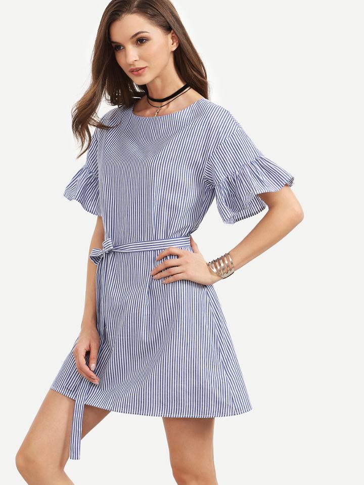 Shein Blue Striped Tie Waist Ruffle Dress