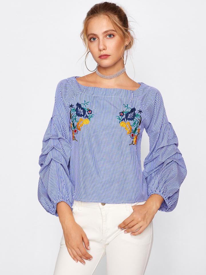 Shein Puff Sleeve Flower Embroidery Gingham Top
