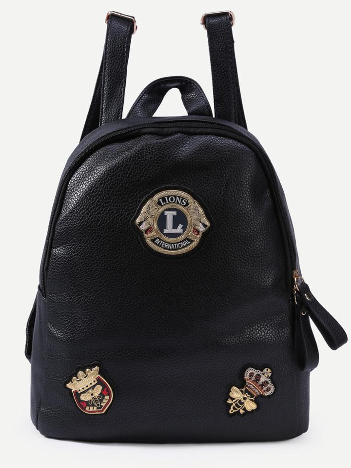 Shein Black Pebbled Faux Leather Badge Patch Backpack