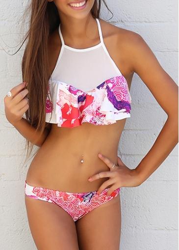 Rosewe Ruffle Decorated Printed Two Piece Swimwear