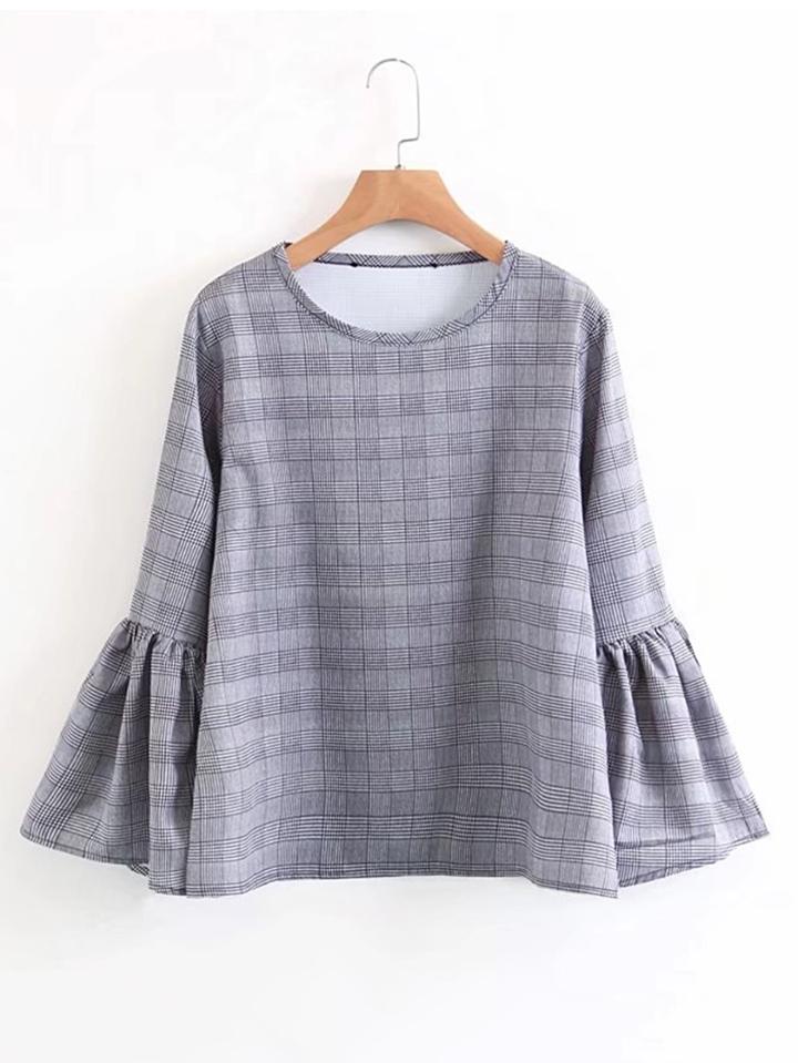 Shein Fluted Sleeve Plaid Blouse