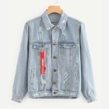Shein Letter Tape Detail Ripped Denim Jacket