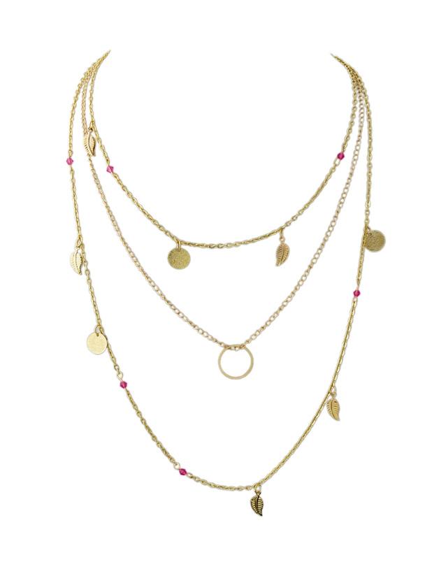 Shein Hotpink Beads Round Leaf Charm Maxi Necklace Collier Femme