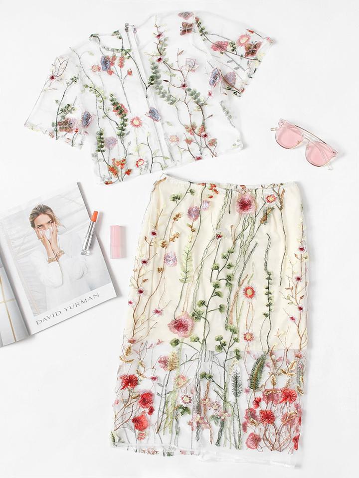 Shein Botanical Embroidered See-through Top With Skirt