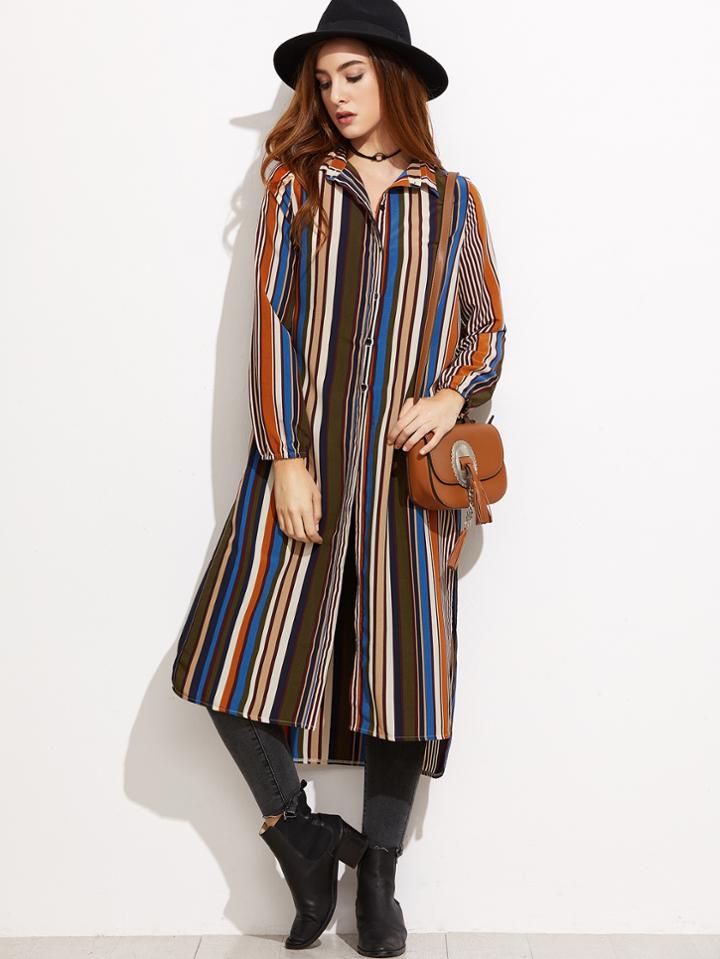 Shein Multicolor Vertical Striped Side Slit Long Blouse