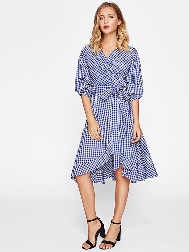 Shein Gathered Sleeve Gingham Tie Waist Overlap Dress