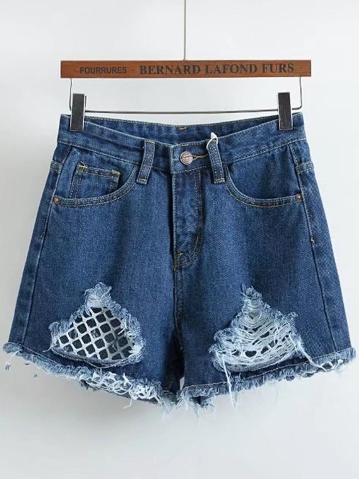 Shein Contrast Mesh Ripped Denim Shorts