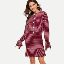 Shein Tie Sleeve Button Up Top And Ruffle Hem Skirt 70s Set