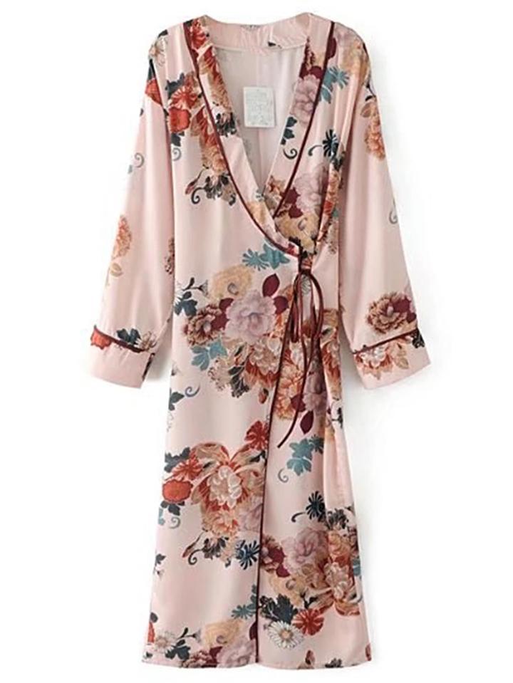 Shein Floral Print Tie Waist Warp Dress