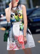 Shein White Round Neck Sleeveless Bird Print Dress