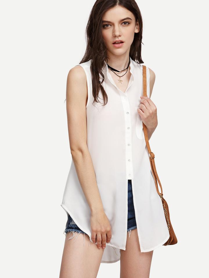 Shein White Dip Hem Sleeveless Blouse With Pocket