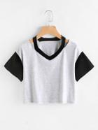 Shein Contrast Panel Ripped Neck Marled Crop T-shirt