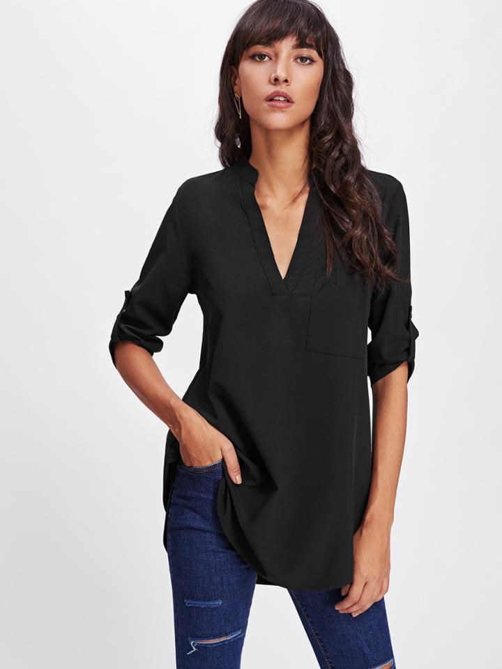Shein Rolled Sleeve Dip Hem Blouse