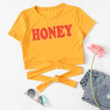 Shein Letter Print Cross Tie Detail Crop Tee
