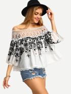 Shein Black White Off The Shoulder Embroidered Blouse