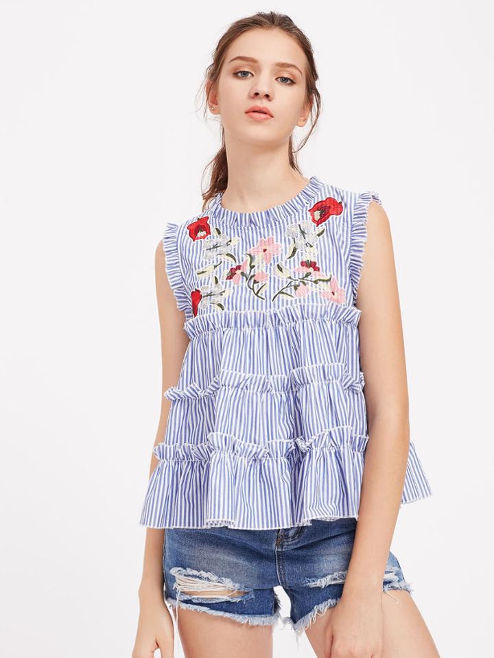 Shein Embroidered Yoke Keyhole Back Tiered Ruffle Top