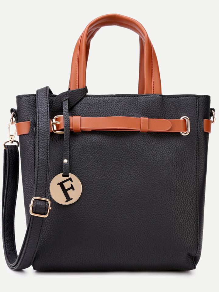 Shein Black Pebbled Pu Buckle Strap Handbag With Shoulder Strap
