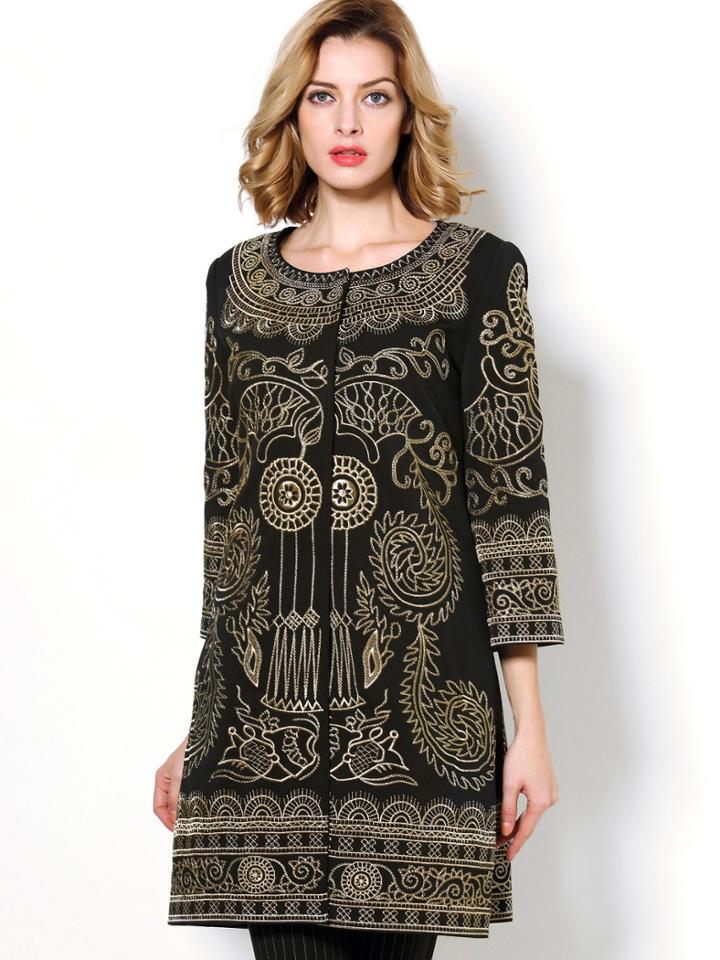 Shein Black Round Neck Length Sleeve Embroidered Coat