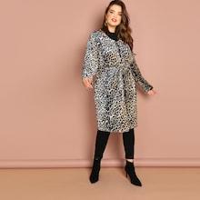 Shein Plus Leopard Print Self Belted Coat
