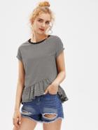 Shein Cuffed Sleeve Frill Trim Asymmetric Striped Tee