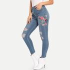Shein Flower Embroidered Ripped Jeans