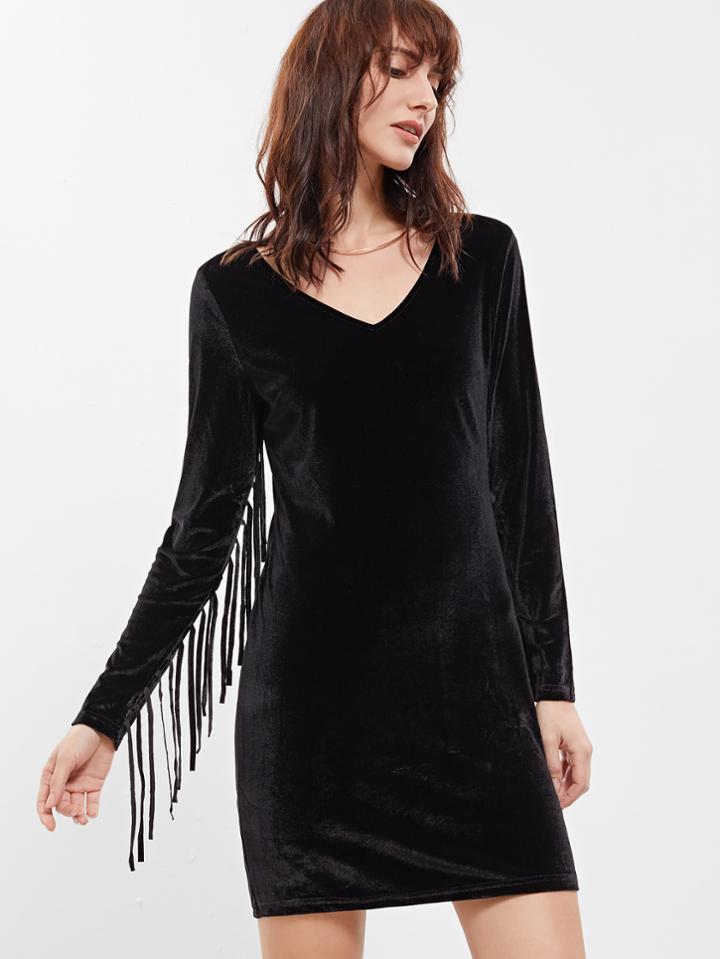 Shein Black Long Sleeve Tassel Dress
