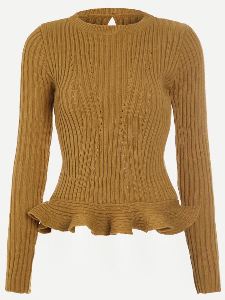 Shein Khaki Ribbed Eyelet Keyhole Back Ruffle Hem Sweater