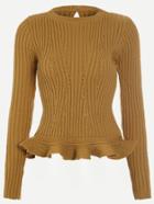 Shein Khaki Ribbed Eyelet Keyhole Back Ruffle Hem Sweater