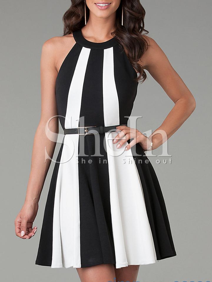 Shein White Black Magaschoni Sleeveless Color Block Flare Dress