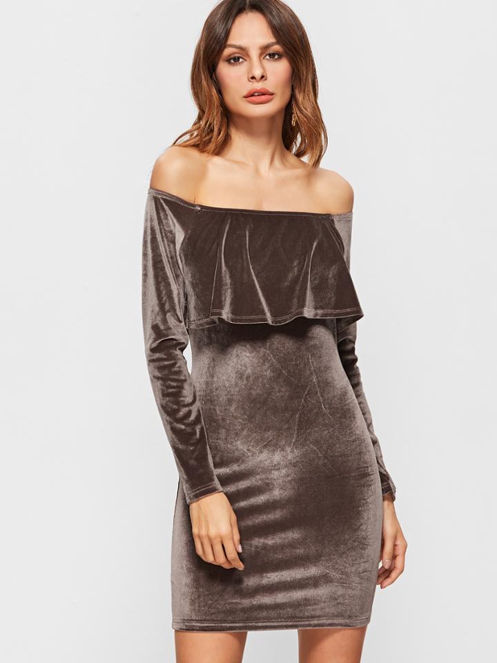 Shein Coffee Off The Shoulder Ruffle Velvet Bodycon Dress