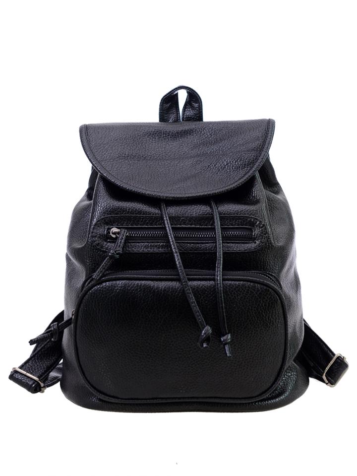 Shein Faux Leather Drawstring Flap Backpack - Black
