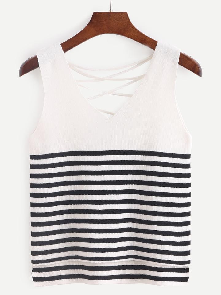 Shein White Striped Lattice-back Tank Top