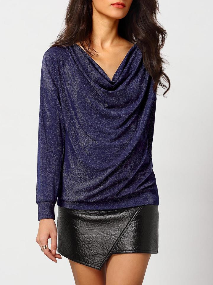 Shein Navy Cowl Neck Gliter Blouse