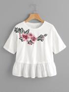 Shein Flower Patch Ruffle Trim Mixed Media T-shirt