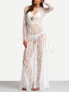 Shein White Lace Eyelash Trim Transparent Beach Maxi Dress