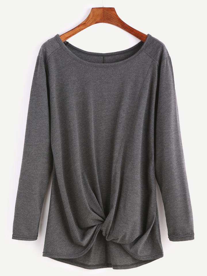 Shein Dark Grey Long Sleeve Twisted Front T-shirt