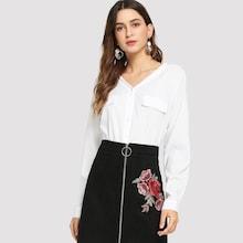 Shein Solid Curved Hem V-neck Blouse